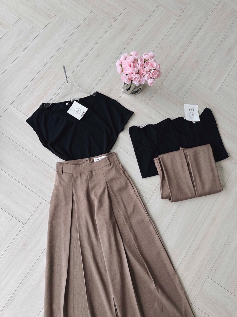 SET NÂU QUẦN LI ỐNG RỘNG MIX ÁO TIM LỆCH VAI NỮ SẴN (SALE 160k)