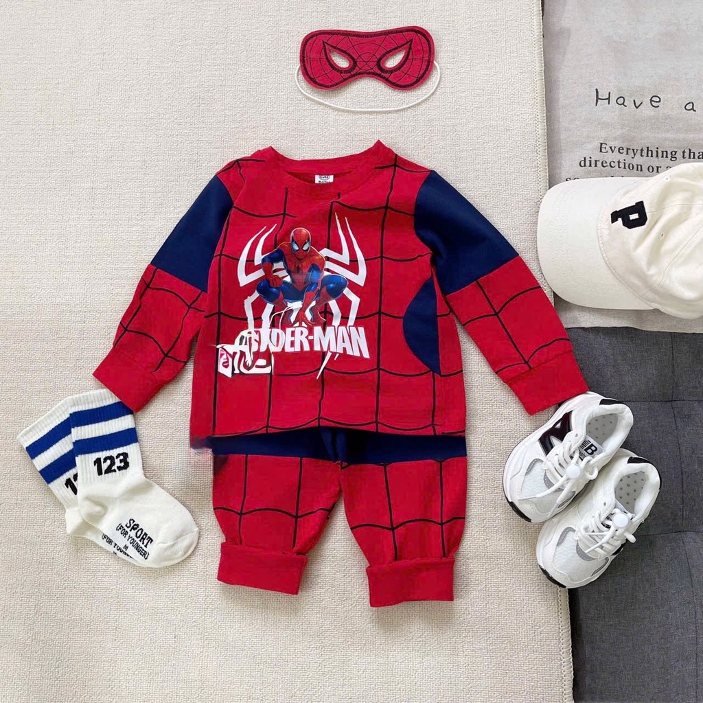 SET BỘ COTTON DÀI NHỆN SPIDER - MAN KÈM MẶT NẠ 2M CHO BÉ TRAI