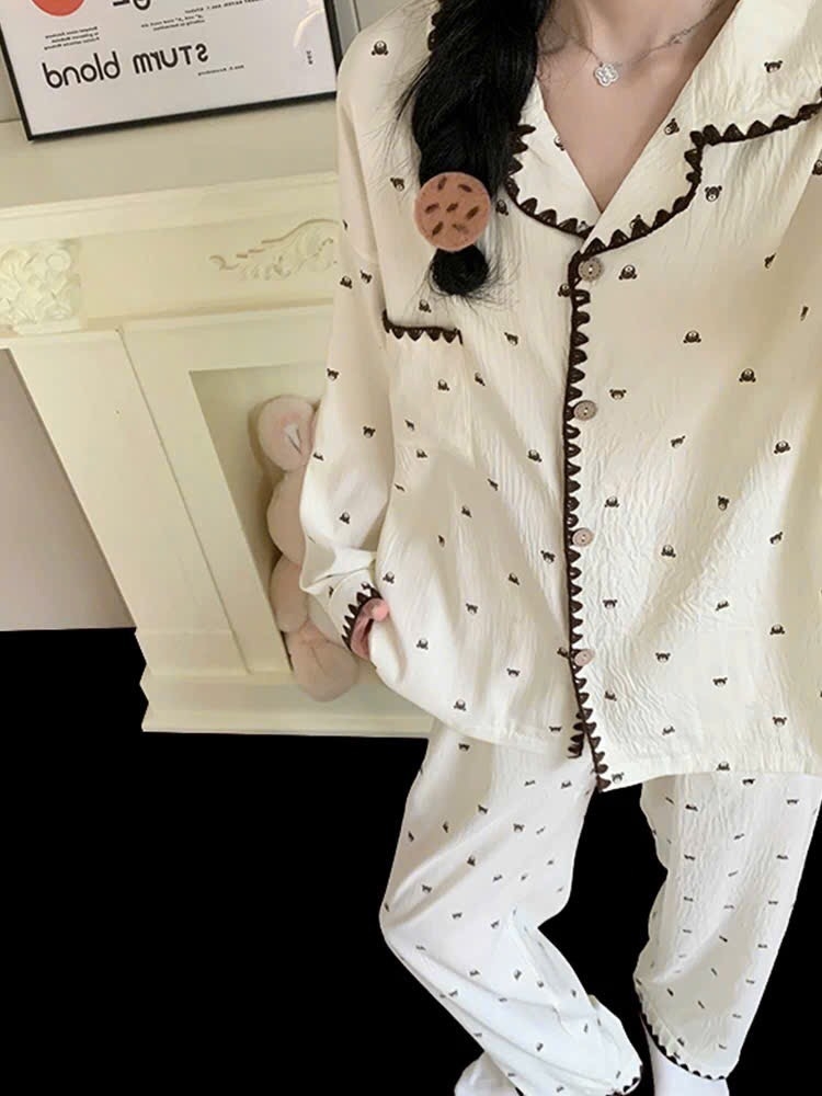 SET DÀI PIJAMA GẤU VIỀN LEN NỮ THU ĐÔNG SẴN