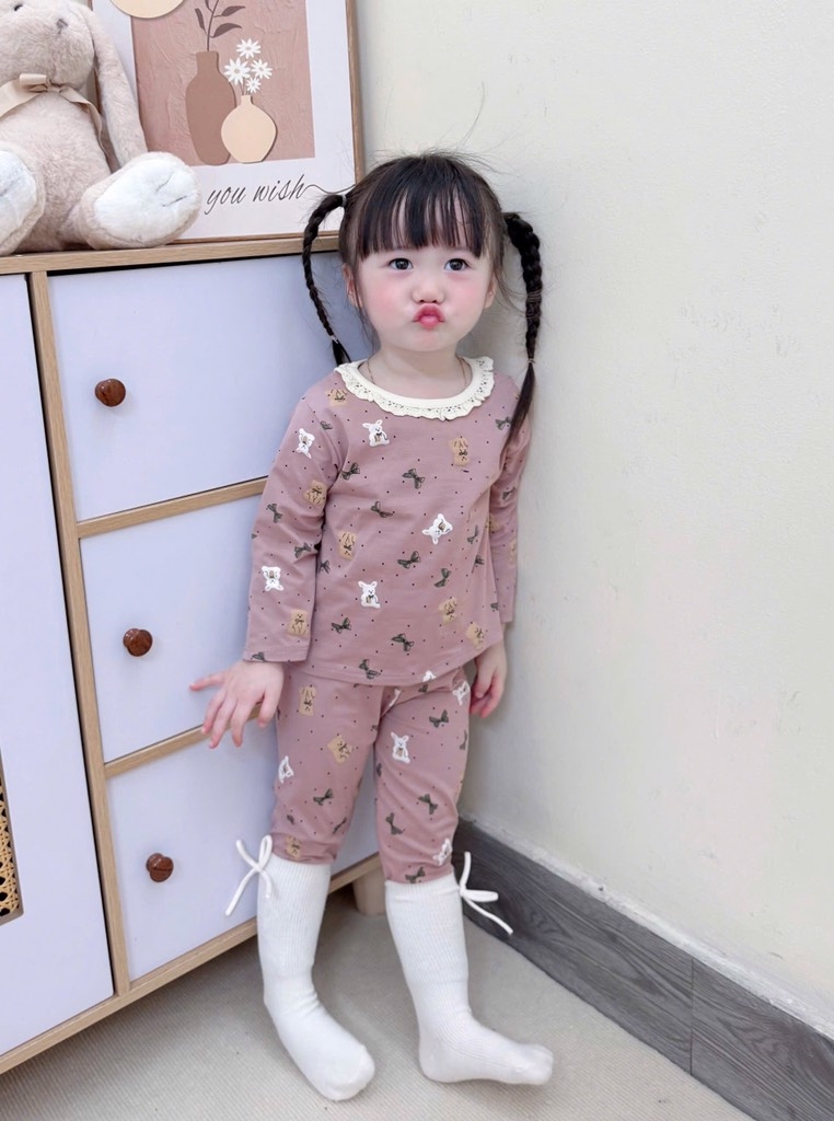SET 2 BỘ DÀI COTTON GẤU NƠ MÀU HỒNG TÍM - BE BÉ GÁI
