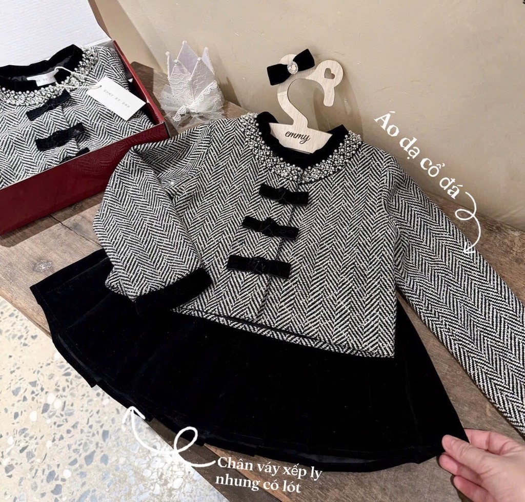 SÉT ÁO DẠ BLING DÀI TAY CV NHUNG XẾP LI XOÈ CHO BÉ GÁI
