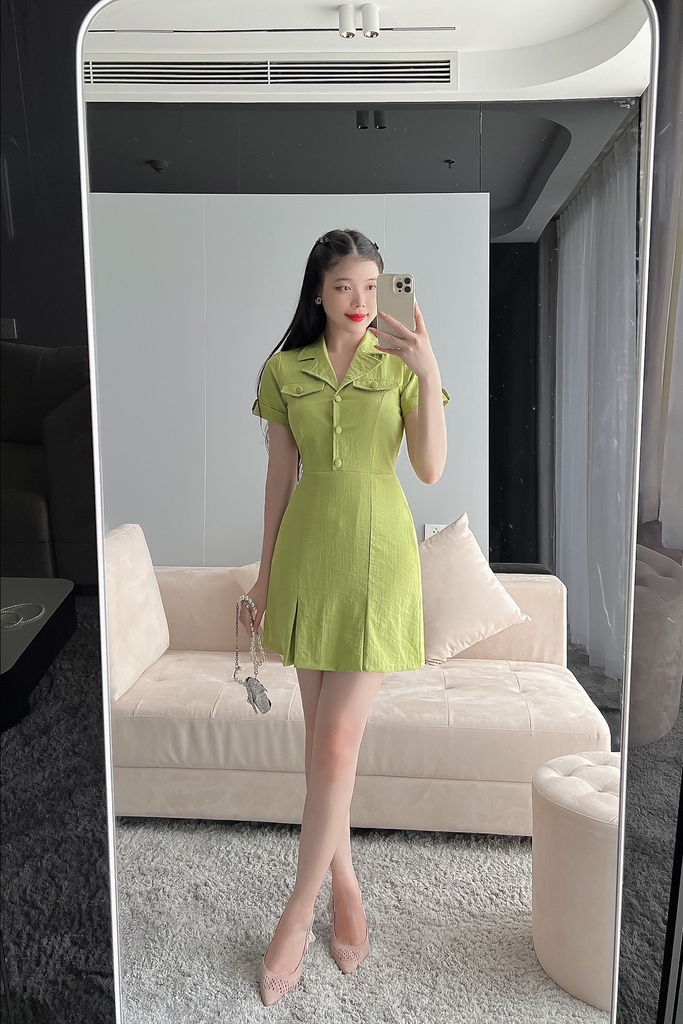 VÁY NỮ CỔ VEST NẮP TÚI LI GẤU