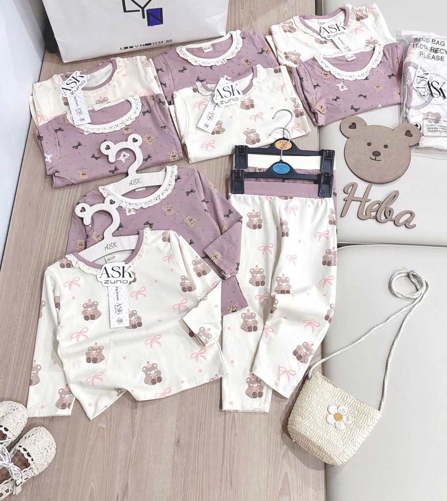 SET 2 BỘ DÀI COTTON GẤU NƠ MÀU HỒNG TÍM - BE BÉ GÁI