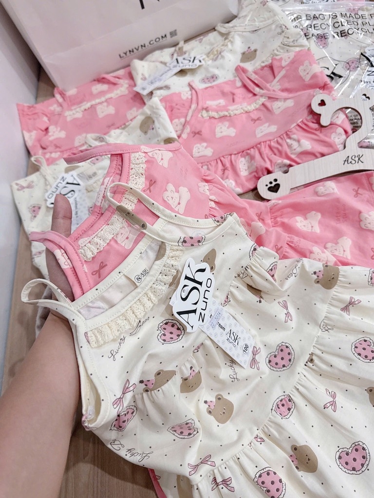 SET VÁY 2 DÂY VIỀN REN TONE BE HỒNG BÉ GÁI