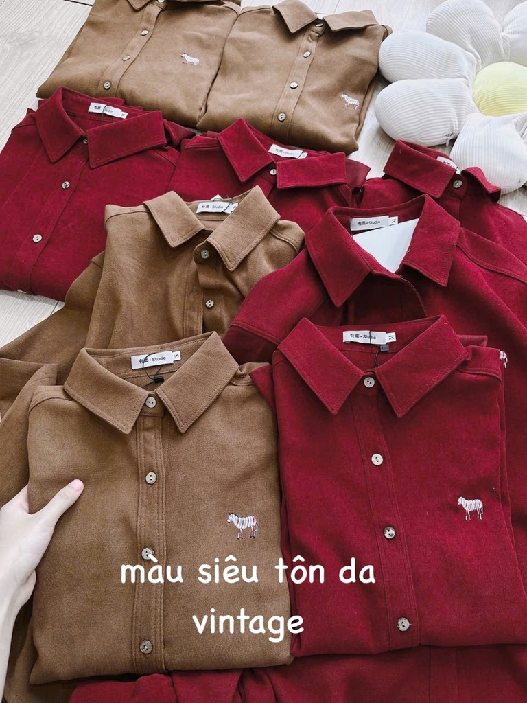 ÁO SƠ MI NHUNG TĂM THÊU NGƯA NỮ THU ĐÔNG SẴN(SALE 79k)