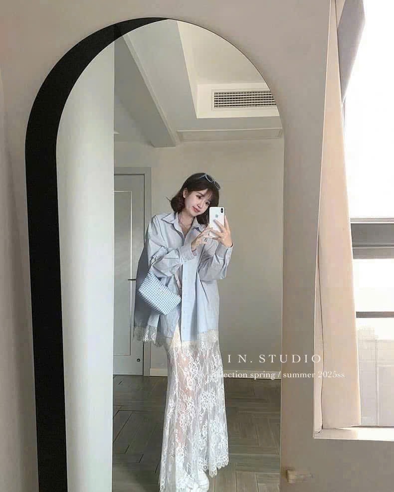 SET ÁO XANH PHỐI CHÂN VÁY REN TRẮNG NỮ