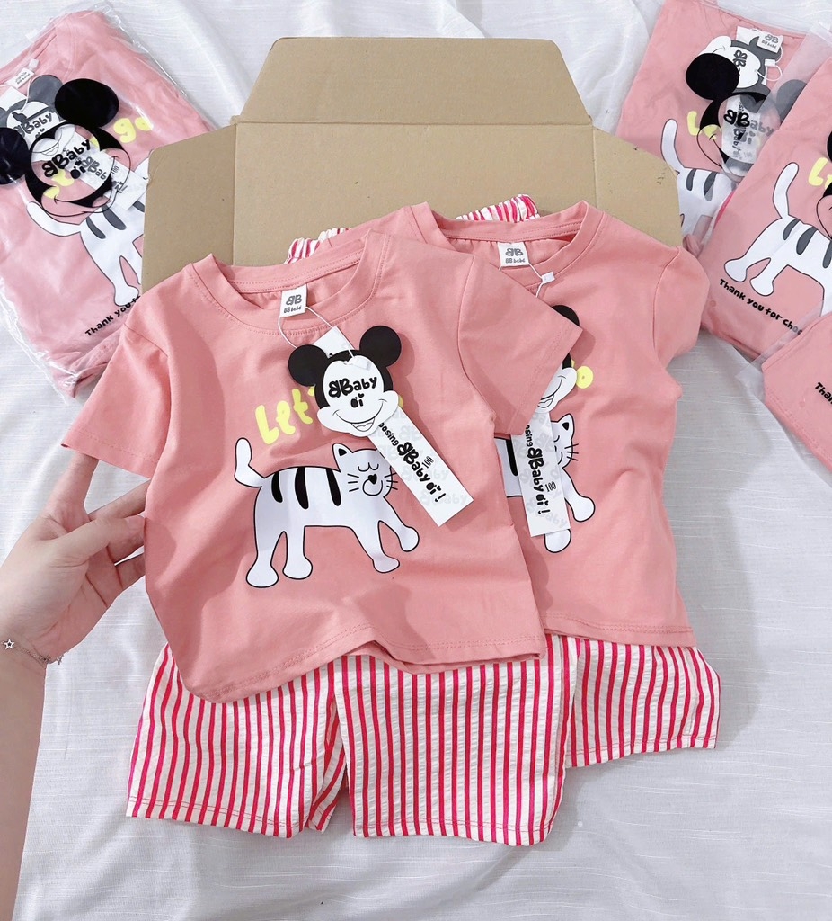 SET BỘ MÈO HỒNG QUẦN KẺ BÉ GÁI SẴN (XẢ 49k)