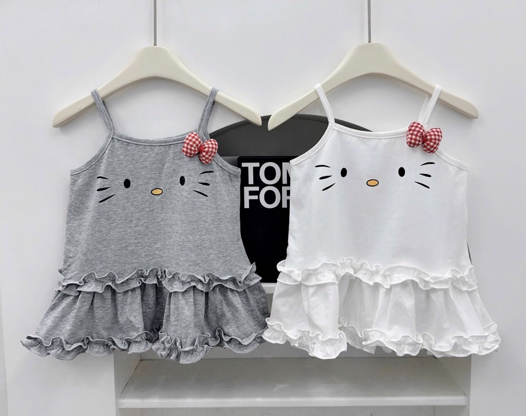 SÉT 2 VÁY 2S KITTY BÈO 2 TẦNG NƠ BÔNG TONE TRẮNG GHI CHO BÉ GÁI NEW