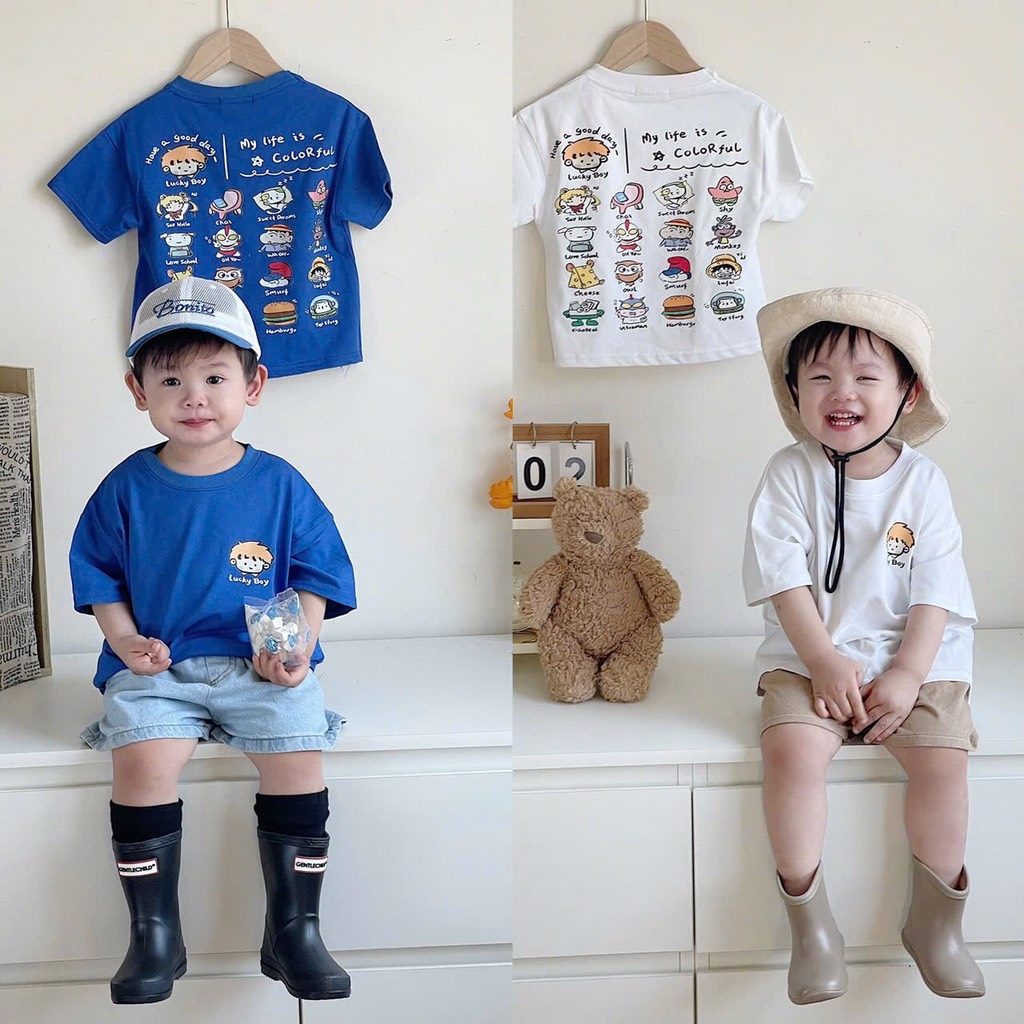 SET 2 ÁO PHÔNG COTTON TRẮNG XANH BÉ TRAI SẴN