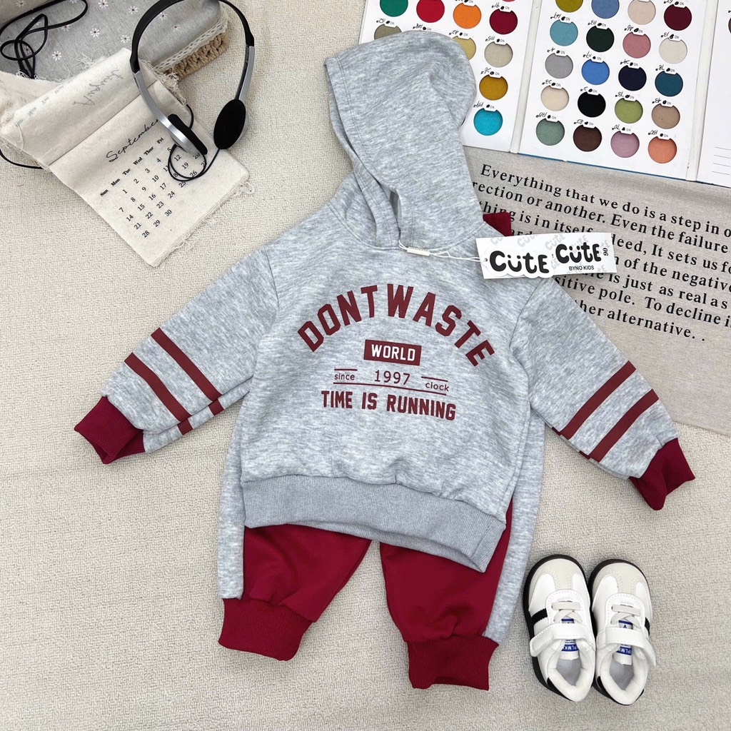 SÉT BỘ NỈ MŨ 2DA TONE ĐỎ GHI DONT WASTE CỰC YÊU CHO BÉ TRAI