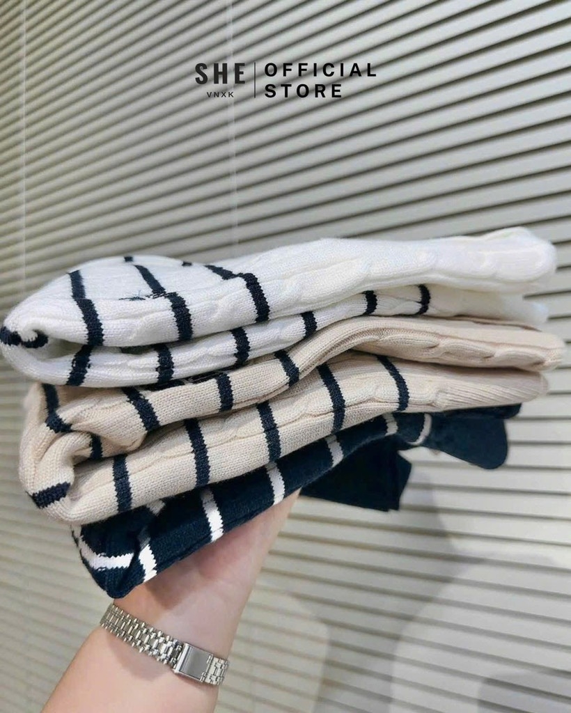ÁO LEN KẺ THÊU GẤU CỘC TAY NỮ SẴN (SALE 95k)