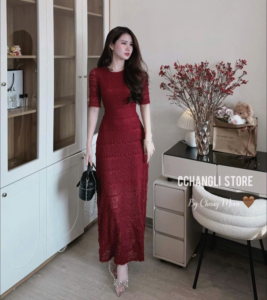 VÁY ĐỎ REN HẠT DÁNG DÀI HAI LỚP NỮ SẴN