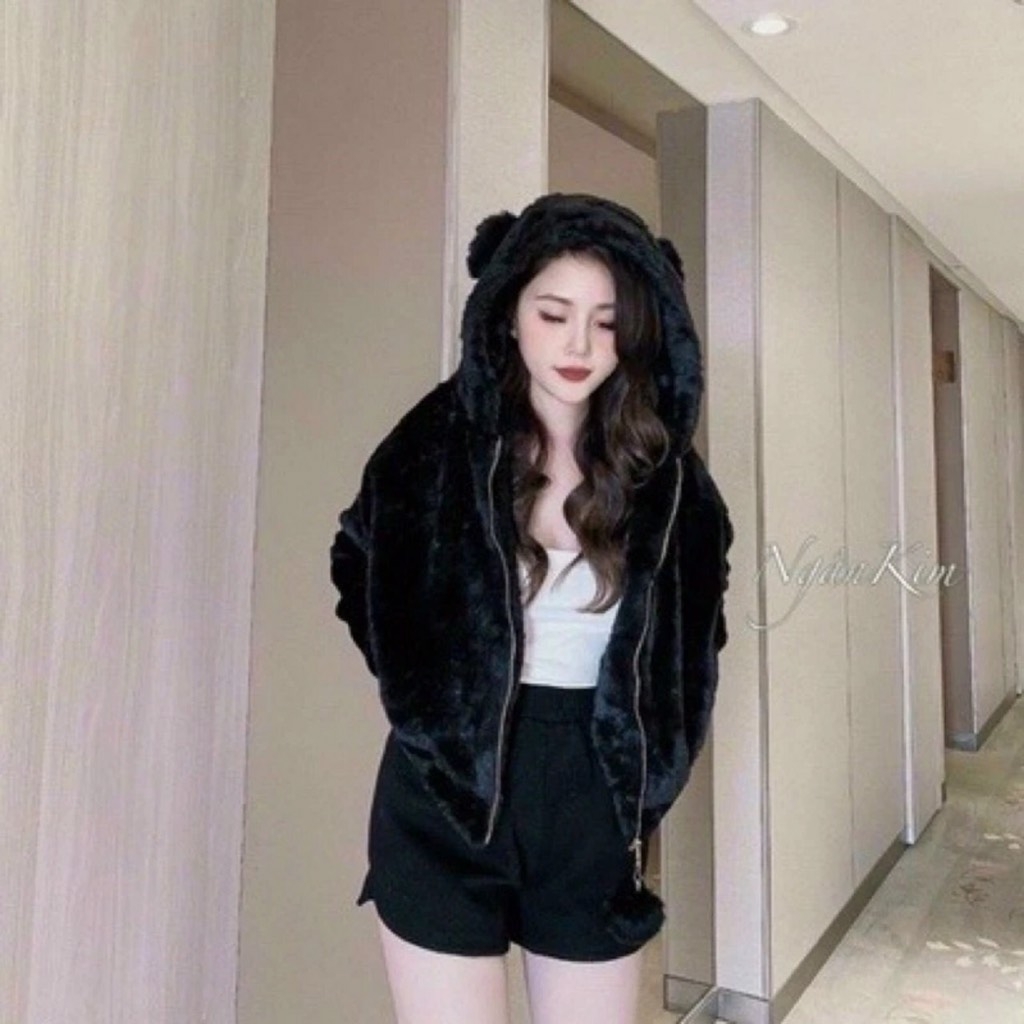 ÁO KHOÁC NỮ LÔNG TAI GẤU SIÊU ẤM THU ĐÔNG SẴN