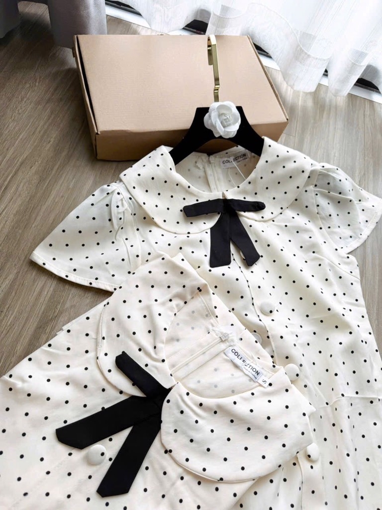 VÁY CHẤM BI CỔ SEN NƠ NỮ(XẢ 119k)