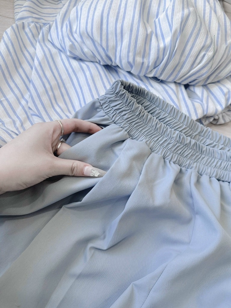 SET BỘ NỮ ÁO KẺ LI-EN BỒNG 2 LỚP CHẠY CHUN SẴN