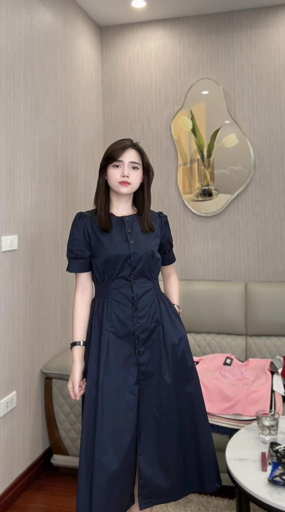 VÁY NỮ CHUN EO CÚC TRƯỚC TAY BỒNG(xả 119k)