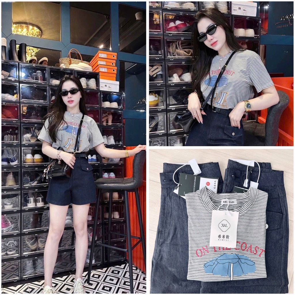 SET QUẦN JEANS NẮP TÚI ÁO KẺ NỮ SẴN
