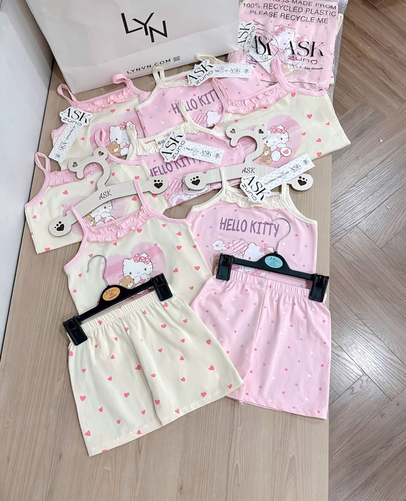 SET 2 BỘ COTTON 2 DÂY CỔ BÈO KITTY TONE BE HỒNG BÉ GÁI(XẢ 79k)
