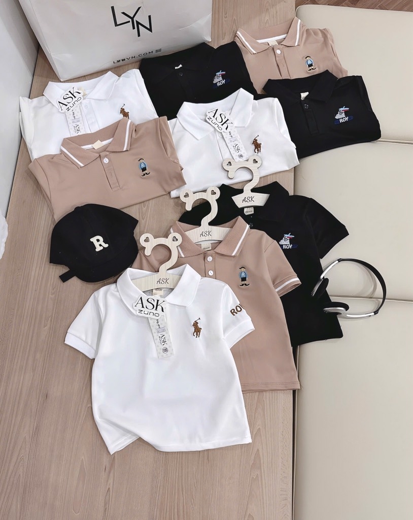 SET 3 ÁO POLO CỔ ĐỨC TRẮNG NÂU ĐEN BÉ TRAI SẴN (sale 97k)