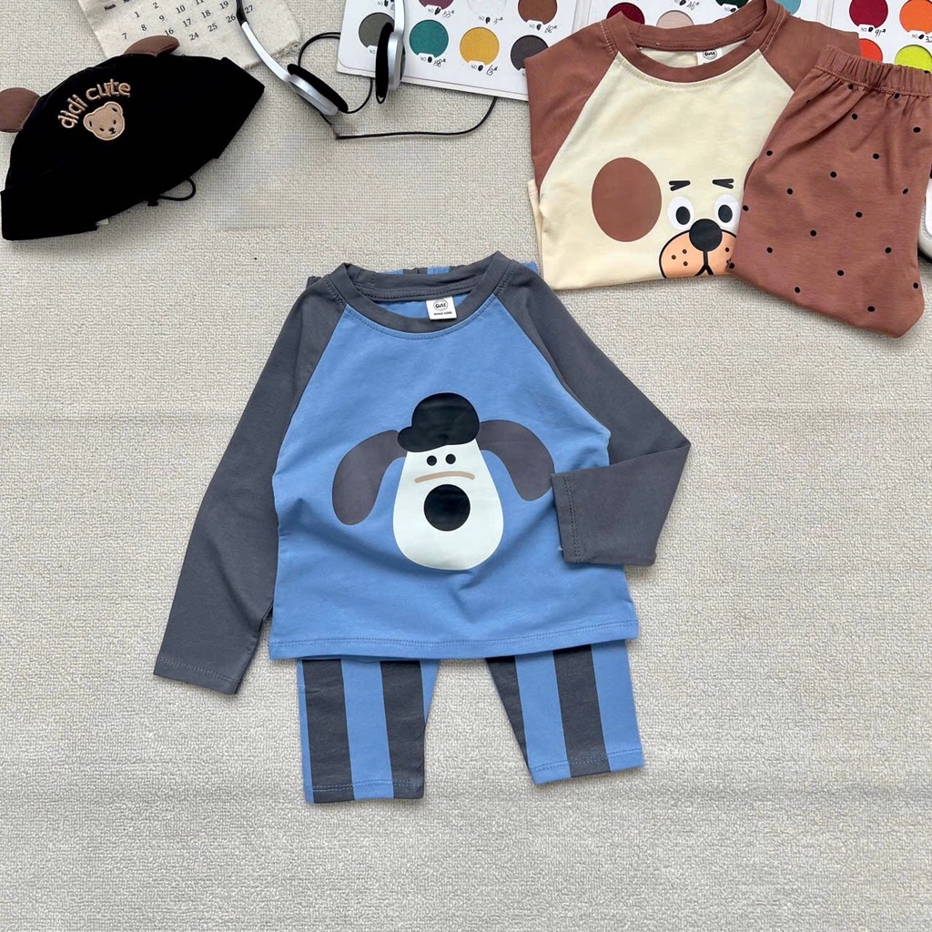 SET 2 BỘ DÀI COTTON CHÓ XANH GẤU NÂU BÉ TRAI SẴN
