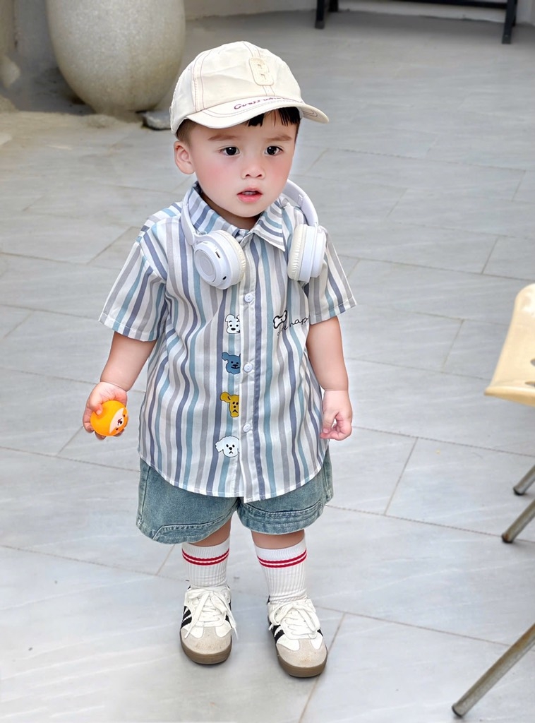 SET ÁO SƠ MI CỘC TAY KẺ KÈM QUẦN BÒ BÉ TRAI