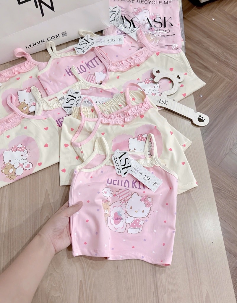 SET 2 BỘ COTTON 2 DÂY CỔ BÈO KITTY TONE BE HỒNG BÉ GÁI(XẢ 79k)