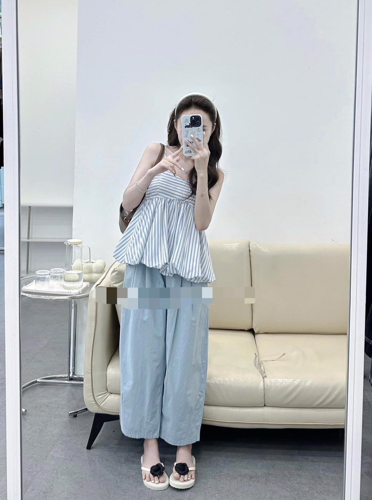 SET BỘ NỮ ÁO KẺ LI-EN BỒNG 2 LỚP CHẠY CHUN SẴN
