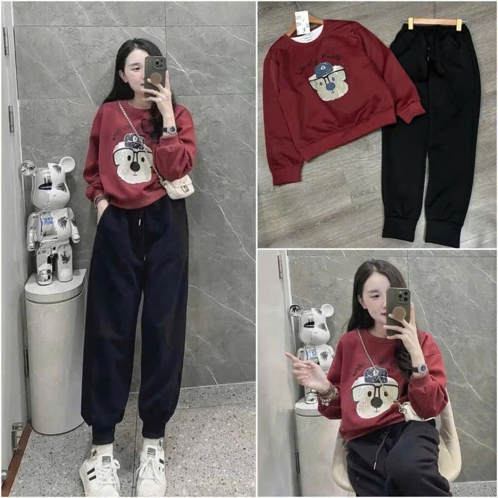 BỘ NỈ ÁO ĐỎ CHOA QUẦN ĐEN NỮ