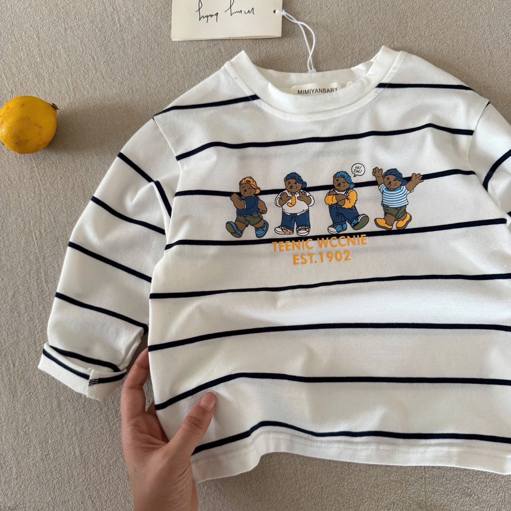 SET 2 ÁO GẤU KẺ TRẮNG DÀI TAY BÉ TRAI