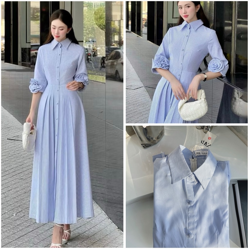 VÁY KẺ LI TRƯỚC HOA TAY CÚC BỌC NỮ SẴN