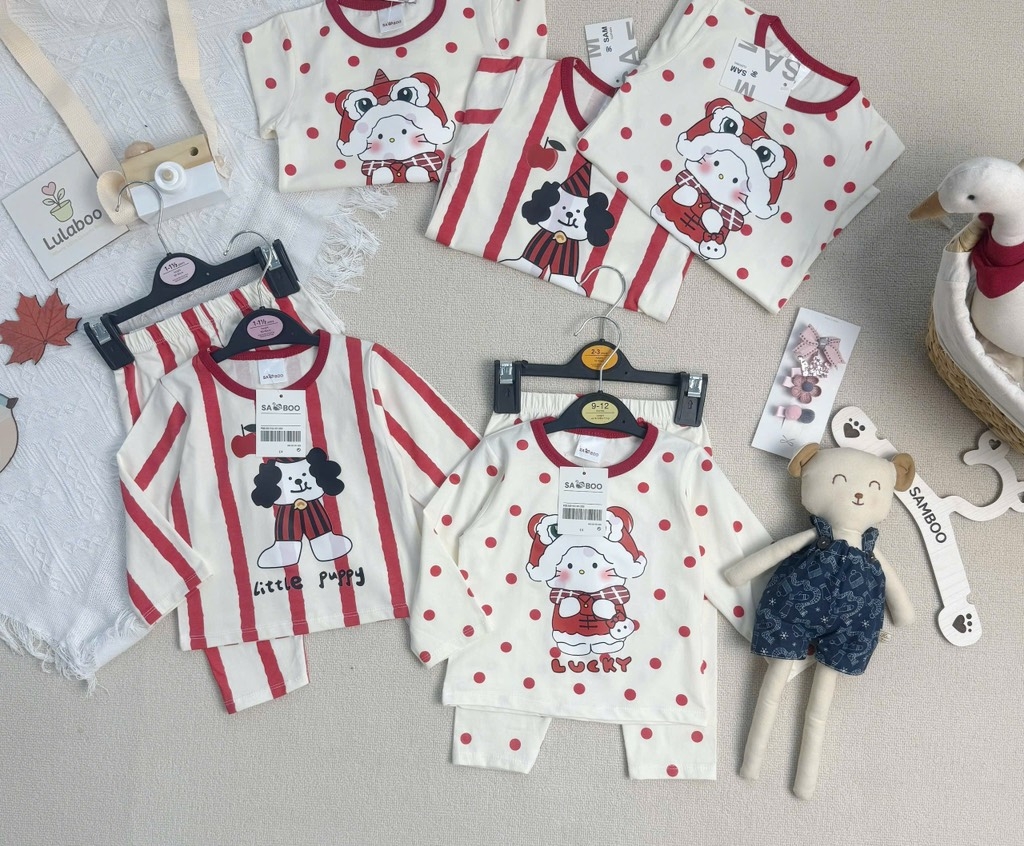 SET BỘ DÀI NOEL KẺ ĐỎ CHẤM NI BÉ TRAI BÉ GÁI