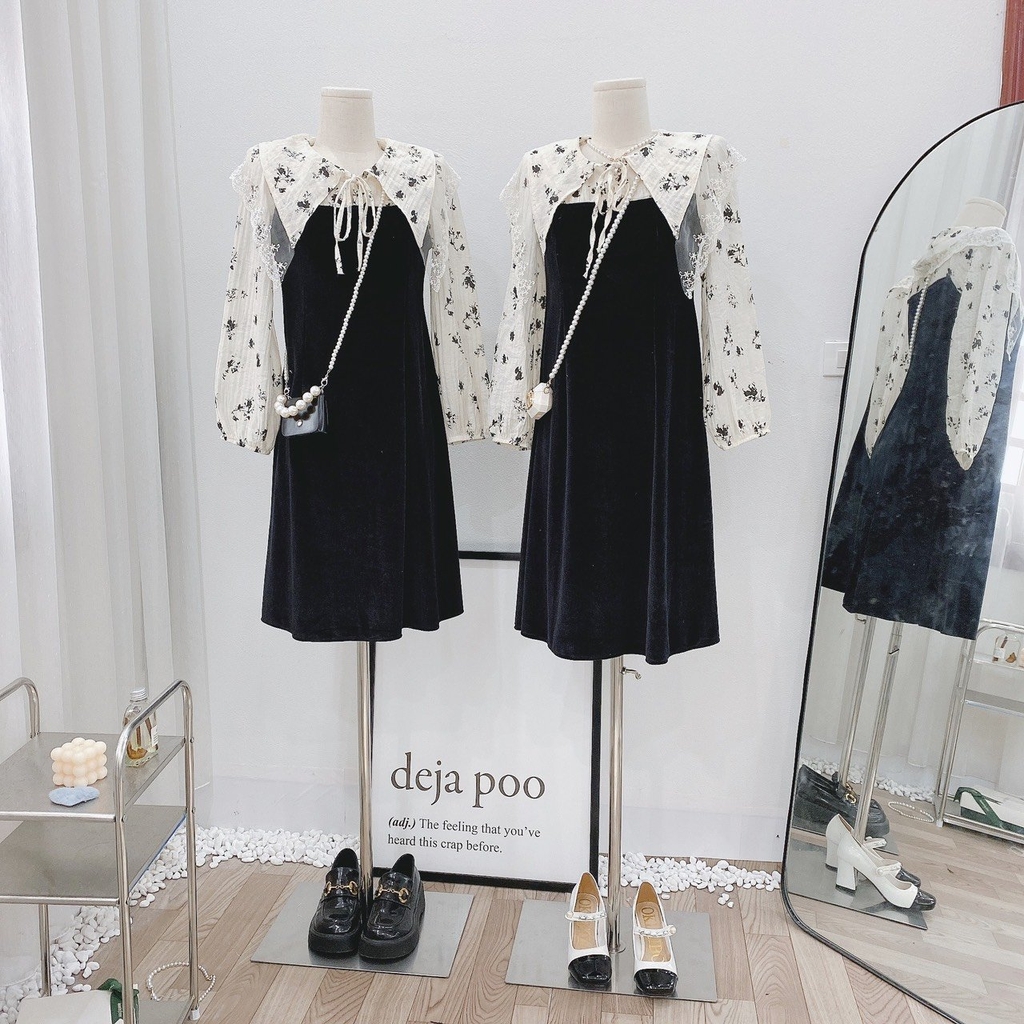 VÁY NHUNG DÁNG DÀI HOA TƠ CỔ REN (Xả 89K)