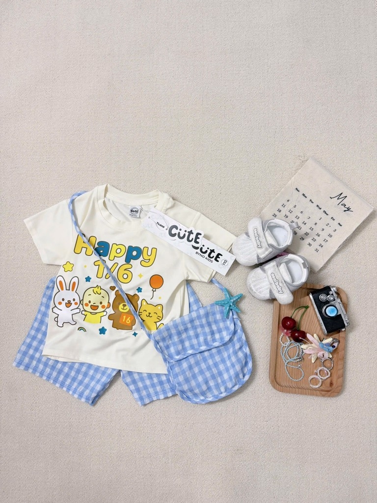 SÉT HAPPY 1/6 CHO BÉ TRAI BÉ GÁI MIX QUẦN CARO KÈM TÚI ĐEO CHÉO 3CT SẴN