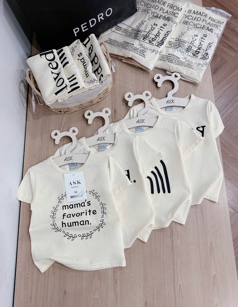 SET 4 ÁO PHÔNG CỘC TAY LOVED HAPPY MÀU BE BÉ TRAI BÉ GÁI SẴN (SALE 89k )