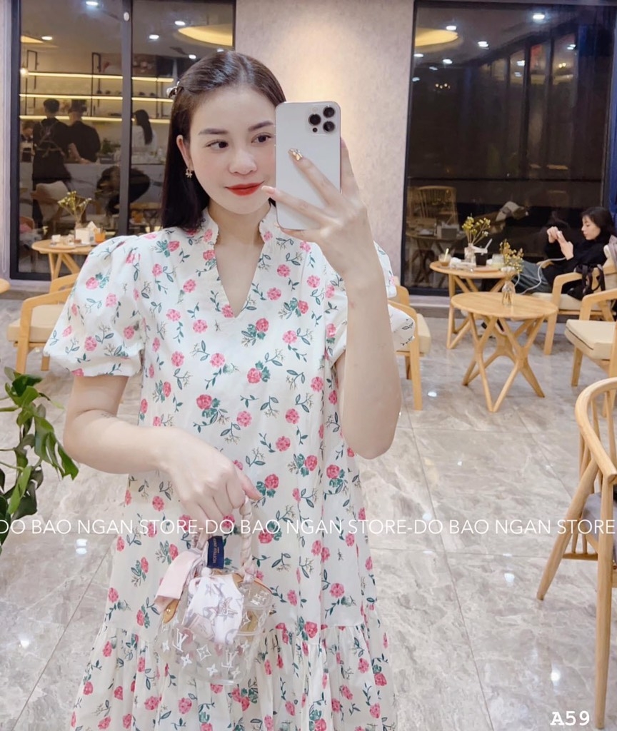 VÁY HOA CHẠY DÂY CỔ V 2 LỚP SẴN