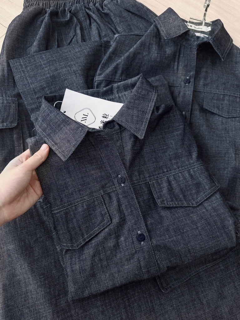 SET ÁO SƠ MI  TAY LỠ PHỐI TÚI HỘP MIX CHÂN VÁY DÀI NỮ