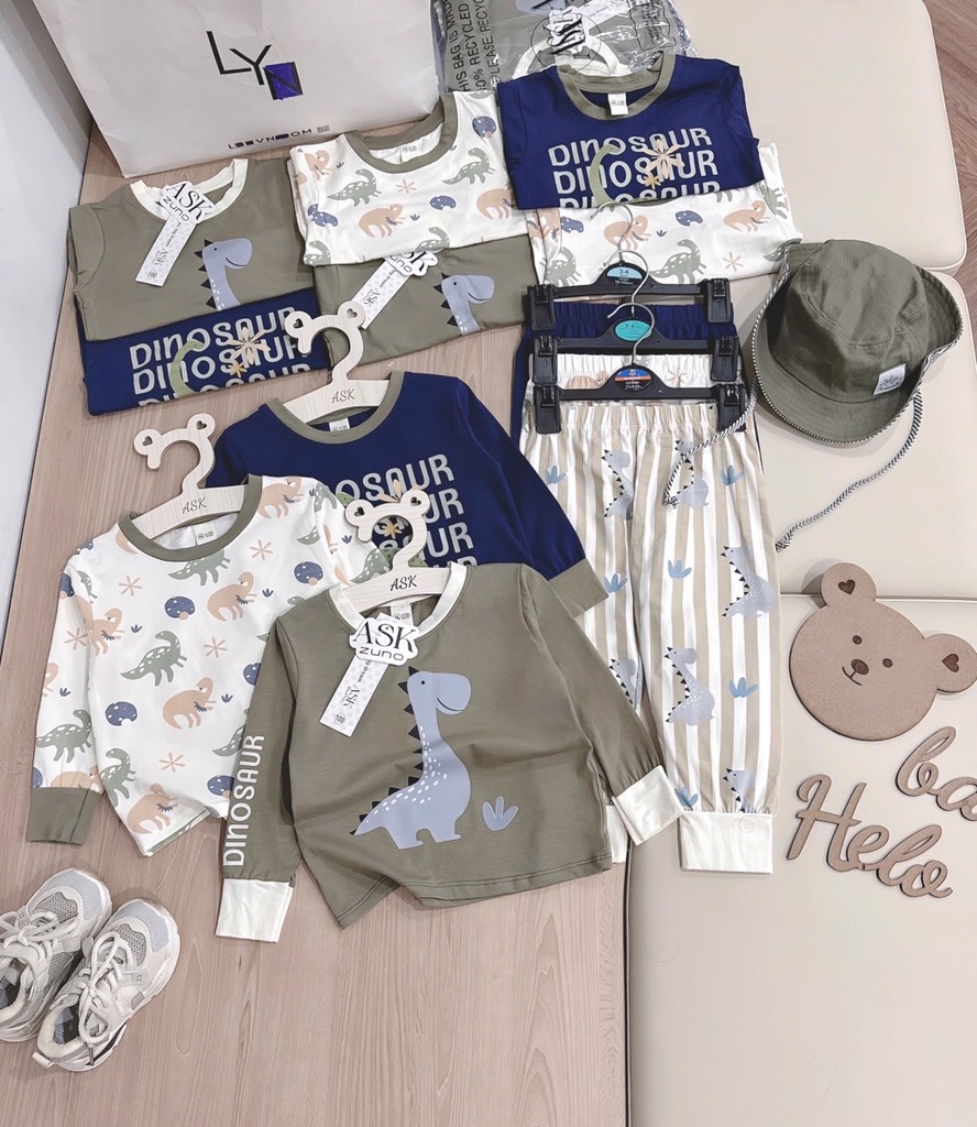 SET 3 BỘ DÀI TAY KHỦNG LONG TONE BE RÊU XANH THAN BÉ TRAI