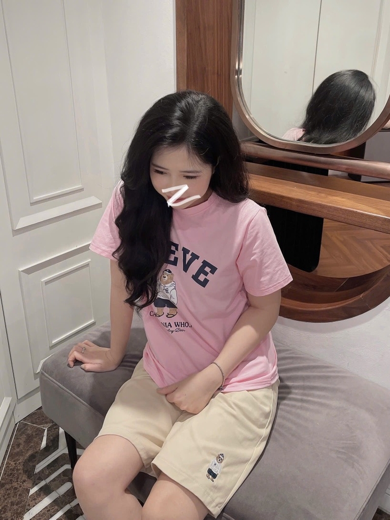 SET ÁO COTTON HỒNG GẤU KÈM QUẦN KAKI THÊU GẤU NỮ