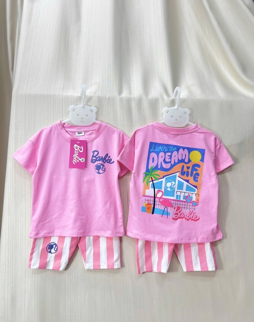 SET BARBIE QUẦN KẺ HỒNG CHO BÉ GÁI SẴN