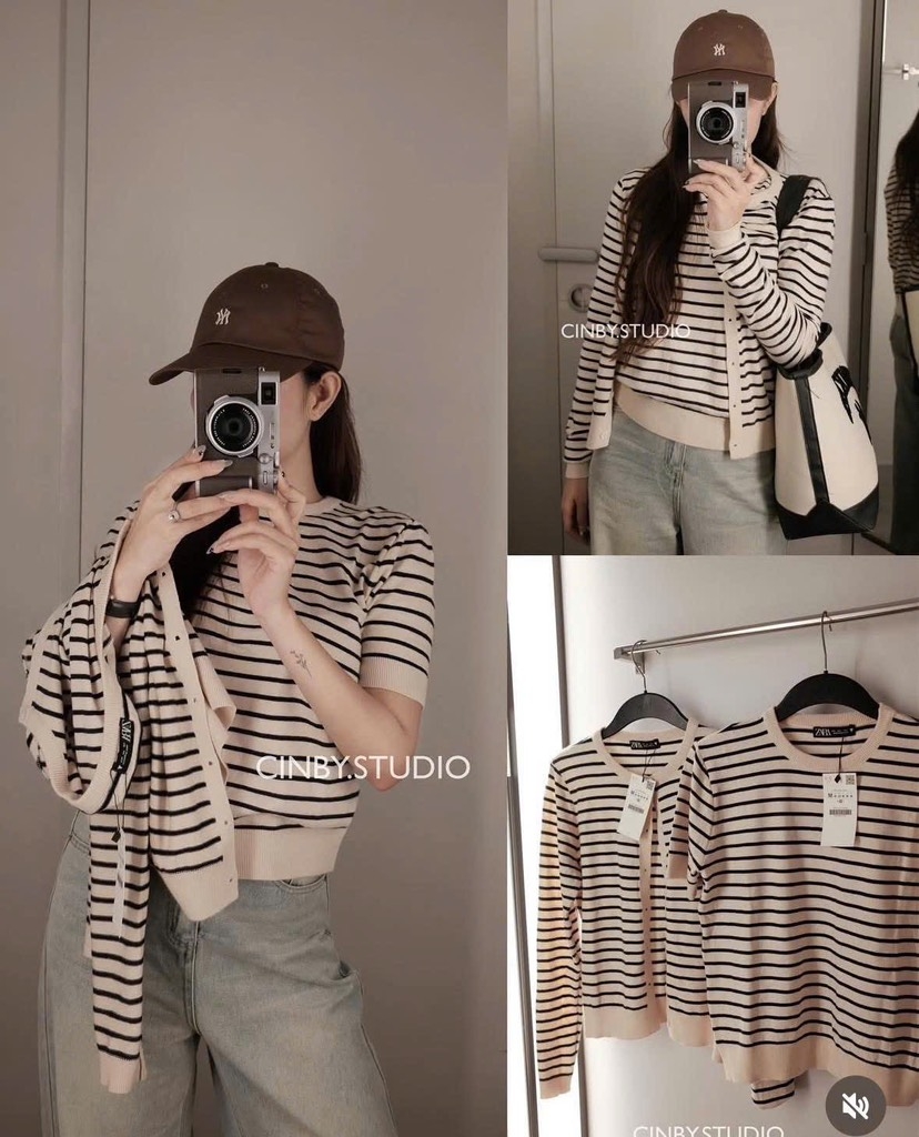 SET 2 ÁO LEN KẺ CDG VÀ CỘC TAY NỮ THU ĐÔNG