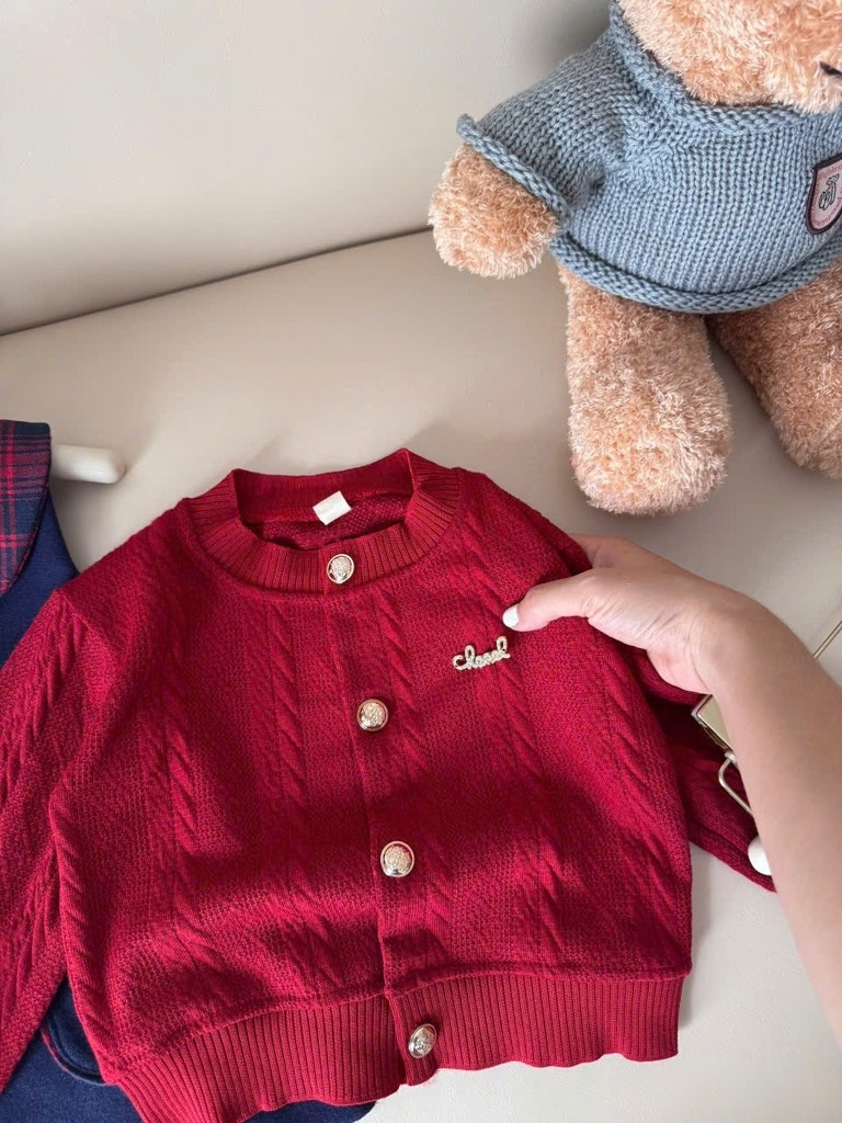 SET DÀI VÁY DẠ KÈM ÁO LEN CARDIGAN ĐỎ BÉ GÁI SẴN