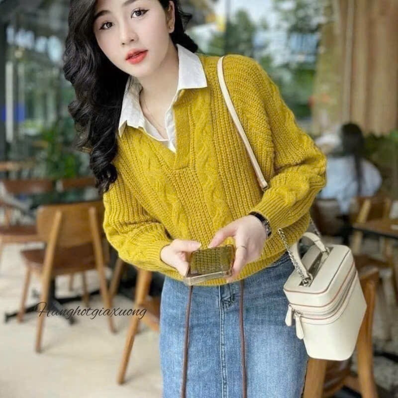 ÁO LEN CỔ SƠ MI 2 MÀU NỮ THU ĐÔNG