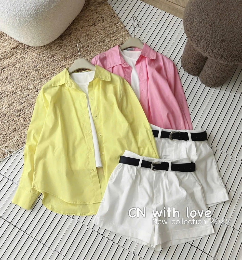 SET ÁO SƠ MI HỒNG MIX QUẦN VẢI TRẮNG NỮ