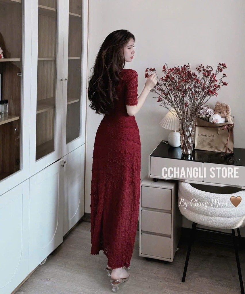 VÁY ĐỎ REN HẠT DÁNG DÀI HAI LỚP NỮ SẴN