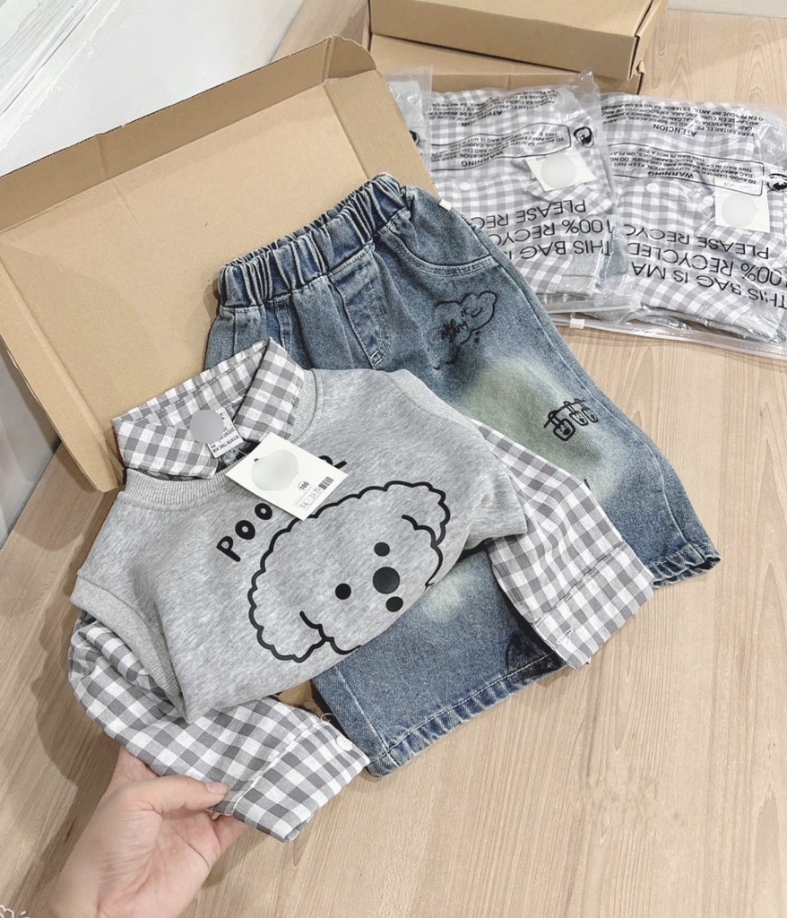 SET DÀI ÁO KẺ MIX GHILE XÁM QUẦN BÒ BÉ TRAI