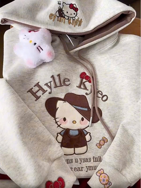 ÁO NỈ HAI DA THÊU KITTY – MŨ 2 LỚP DÀI TAY SIÊU XINH BÉ GÁI