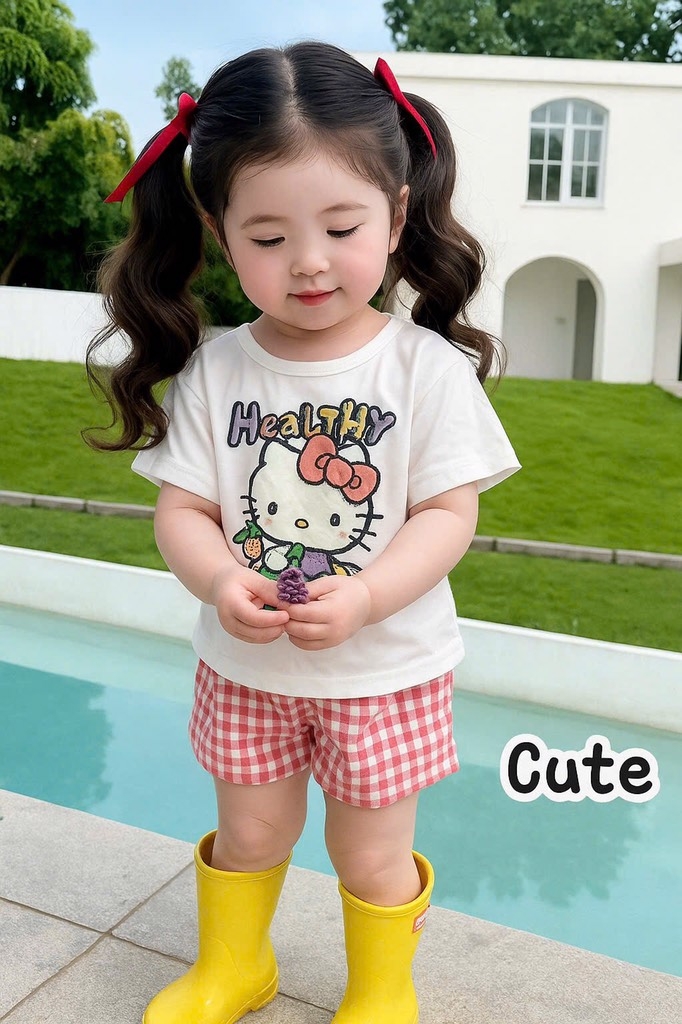 SET BỘ HELLO KITTY ZOZ WOW ÁO TRẮNG QUẦN SOOC CARO HỒNG BÉ GÁI SẴN