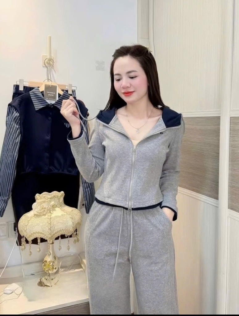 BỘ DÀI TĂM MŨ THÊU MÈO MÀU XÁM NỮ THU ĐÔNG SẴN