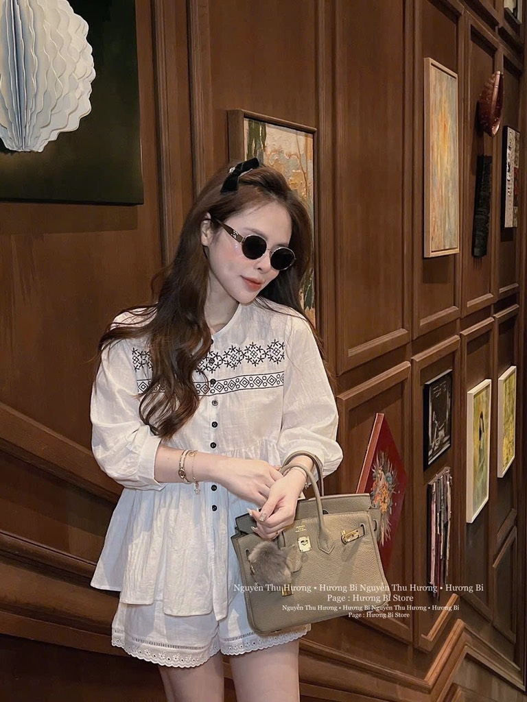 SET IN HOẠ TIẾT MIX QUẦN PHỐI REN GẤU NỮ
