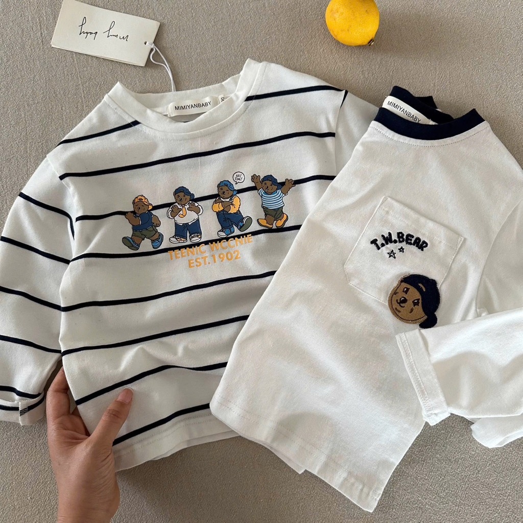 SET 2 ÁO GẤU KẺ TRẮNG DÀI TAY BÉ TRAI